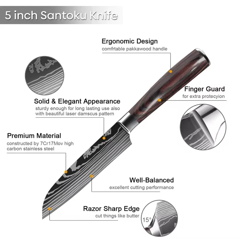 Santoku Japanese Kitchen Knives Damascus Pattern Professional Cooking - Higo Knives™