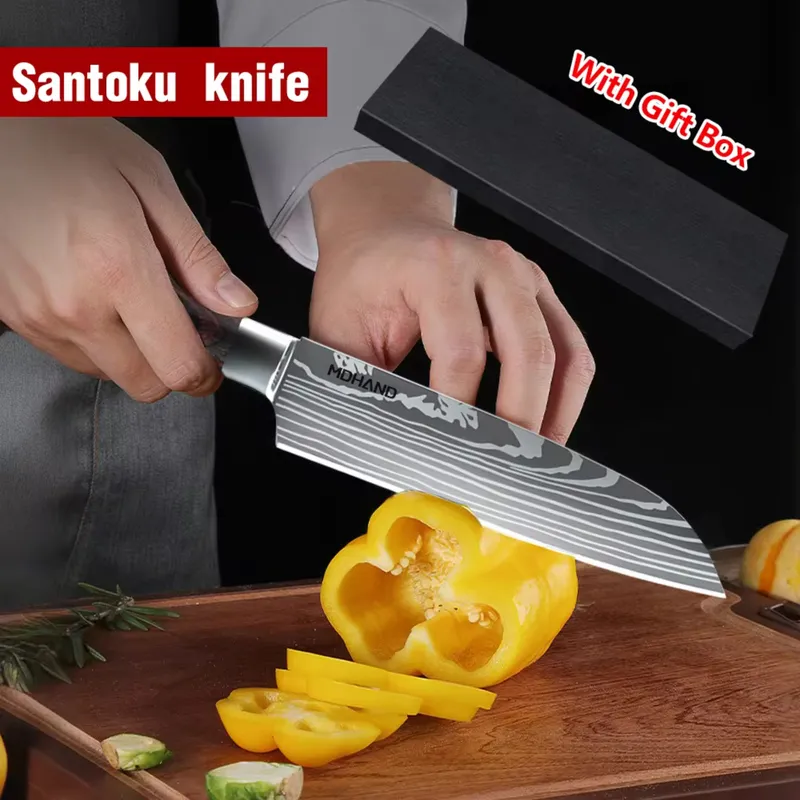 Santoku Japanese Kitchen Knives Damascus Pattern Professional Cooking - Higo Knives™